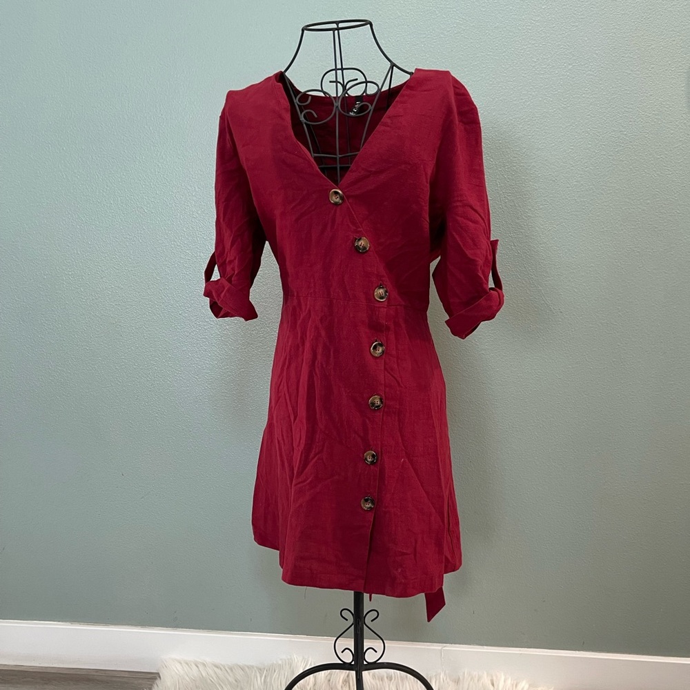 Red Linen button up dress
